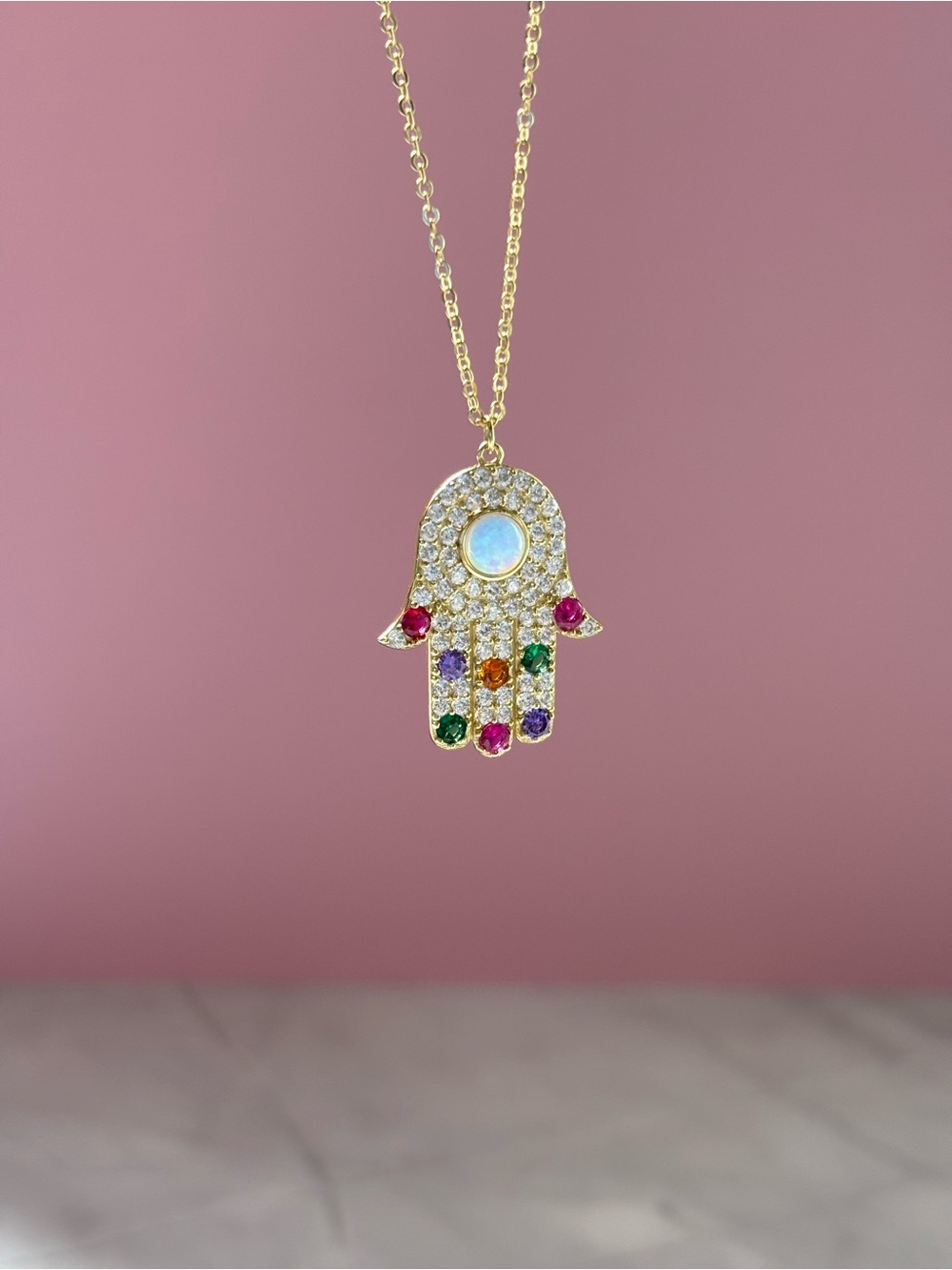 Gold Hamsa Necklace with Opal Center and Multicolor Gem Accents